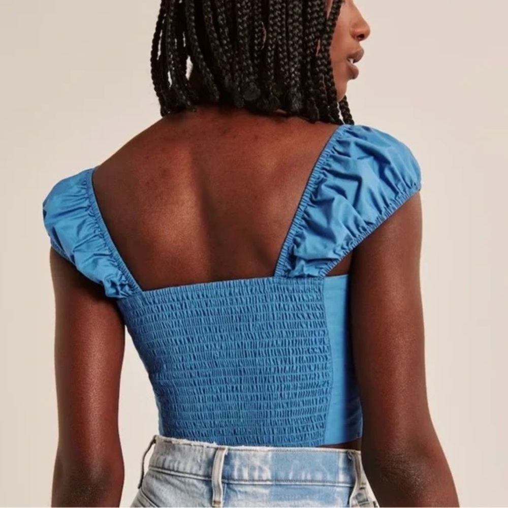 Abercrombie & Fitch Cap Sleeve Poplin Crop Top Women’s Small Royal Blue Smocked - Picture 3 of 9